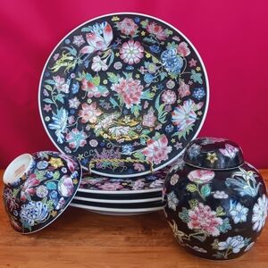 Vintage Jingdezhen Famille Noir Dinner Plates Black Floral Chinese Porcelain Set